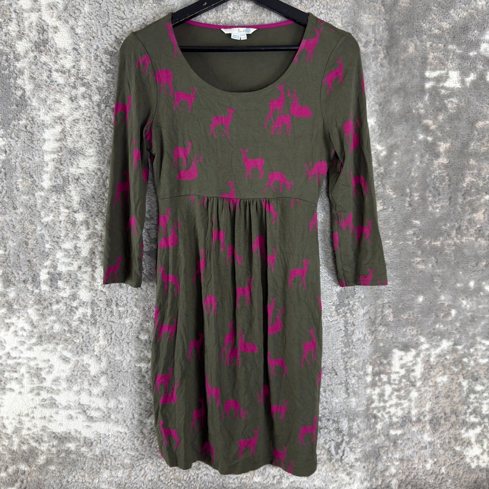 Boden Size 6 Deer Print Empire Waist Knee Length Dress Green 3/4 Sleeve Women